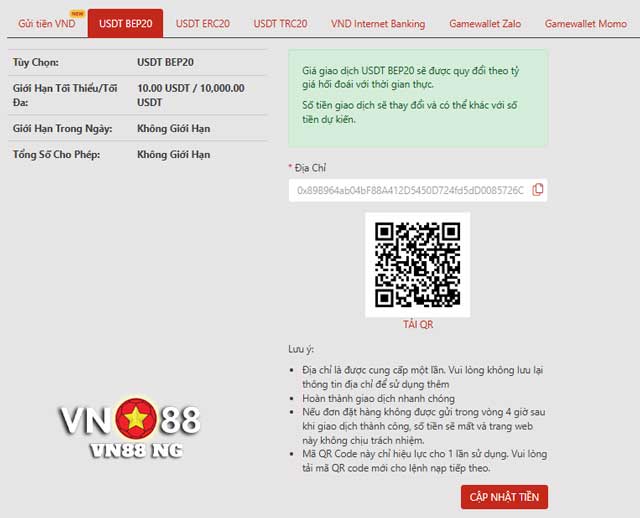 Cách chuyển tiền vào VN88 hiện đại qua Crypto