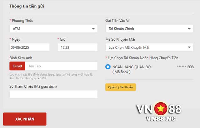 Nhập các thông tin xác nhận để nạp tiền VN88