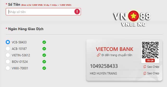 Nhập số tiền và chọn ngân hàng để nạp tiền VN88